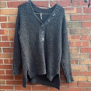 Free People Black V-Neck Sweater with Textured Knit
